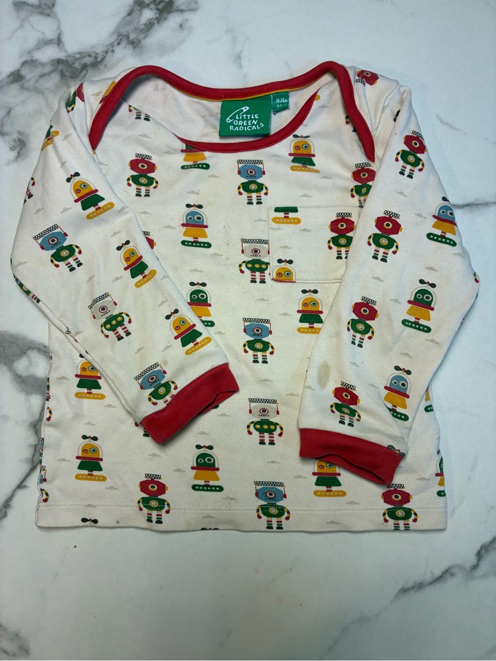 Little Green Radicals Cream Long Sleeve Top with Red Trim and Robot Print